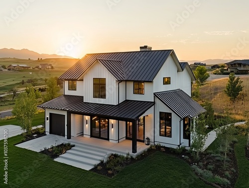 Modern farmhouse with black roof at sunset