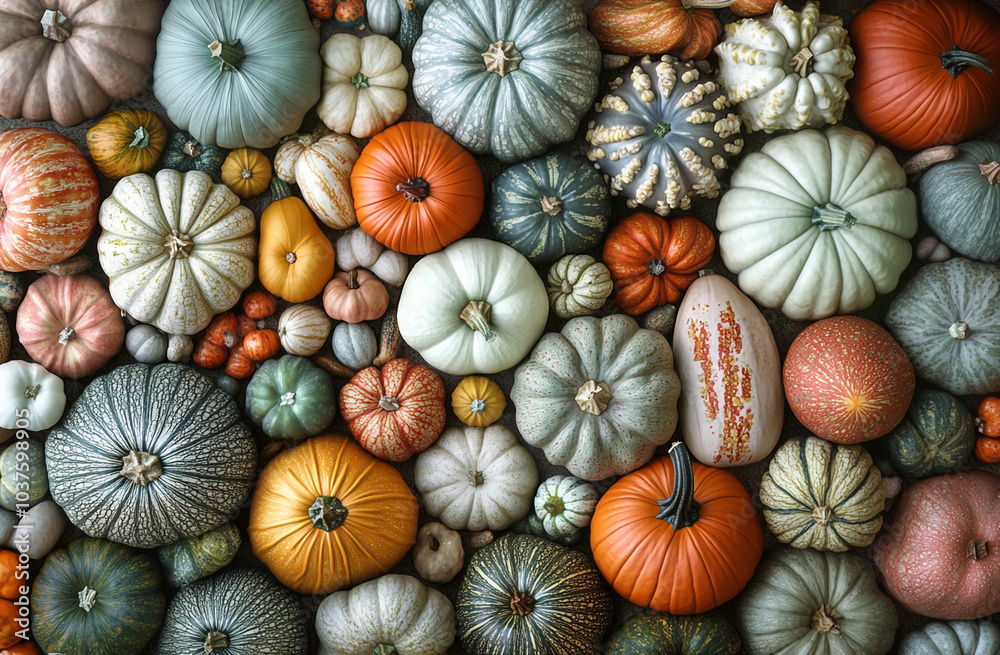 A colorful array of pumpkins and gourds are arranged in a pattern on a table. Thanksgiving day
