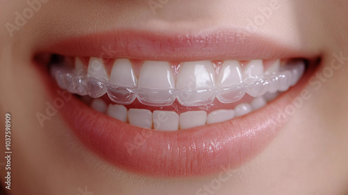 Closeup of invisible retainer on teeth