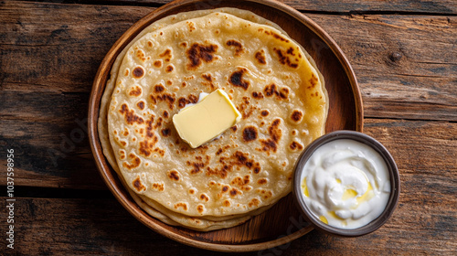 Top view of butter paratha served with curd on wooden background