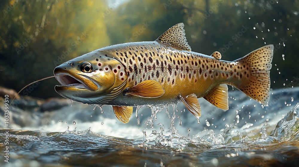 A realistic depiction of a brown trout leaping from a river, showcasing its vibrant colors. A realistic depiction of a brown trout leaping from a river, showcasing its vibrant colors.