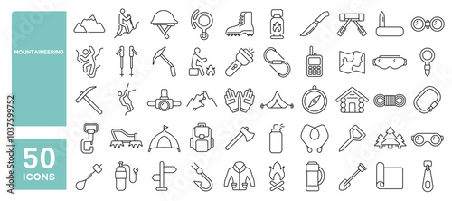 Set of 50 line icons related to mountaineering, mountain, adventure, climb, outdoor, hike, trek, summit, snow, peak, altitude, Editable stroke. Vector illustration