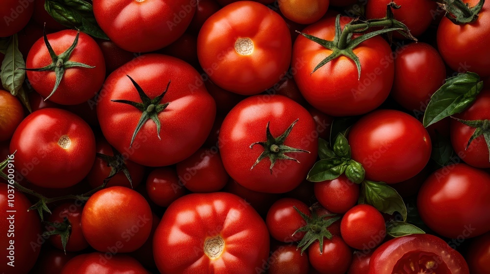 An array of ripe tomatoes in various sizes and shapes, artistically captured to showcase the summer's bounty. The image conveys a sense of freshness and abundance.