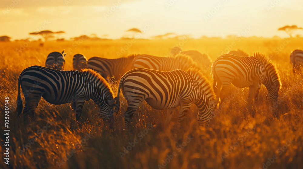 Fototapeta premium A group of wild zebras grazing together