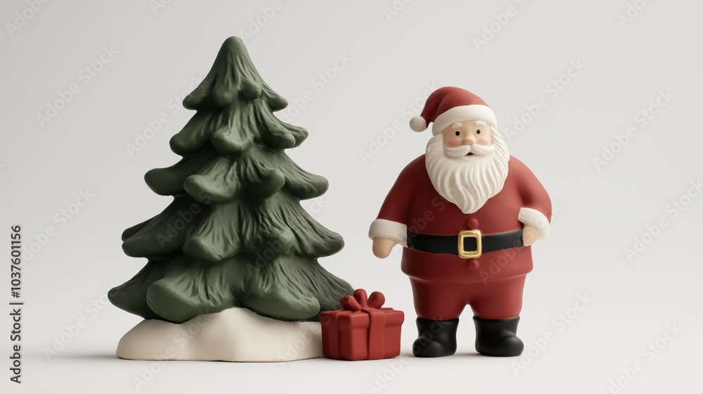 Obraz premium Santa claus figurine with christmas tree and gift for holiday decor