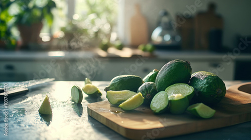 Ripe and soft green feijoa spread across the table, ready for preparation, as a dish featuring green feijoa is being cooked in the kitchen.
 photo