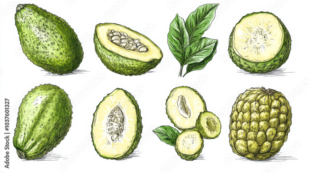 A set of isolated hand-drawn sketches of feijoa, featuring realistic tropical fruit illustrations A set of isolated hand-drawn sketches of feijoa, featuring realistic tropical fruit illustrations