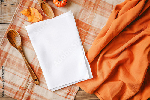 Autumn mockup with a blank sheet on a plaid cloth, surrounded by a wooden spoon, small pumpkin, and fall leaves. Perfect for Thanksgiving menus, seasonal recipes, or cozy fall-inspired designs. photo