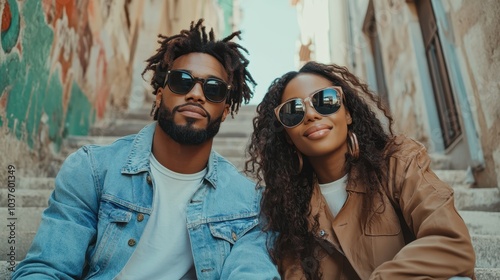 A joyful couple wearing casual outfits and sunglasses sit together on urban steps, exuding happiness and complicity in a sunlit environment, perfect for lifestyle themes.