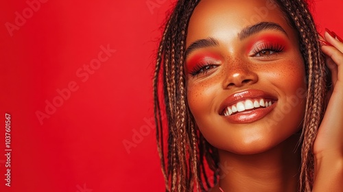 A woman flashes a bright smile with braided hair, set against a striking red backdrop, radiating confidence and charisma in an engaging portrait.