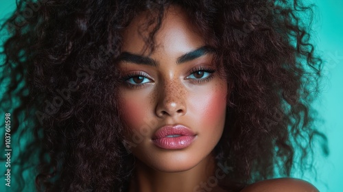 A woman with voluminous curly hair gazes intensely at the camera, standing in front of a textured teal backdrop, captured in a rich and vibrant portrait.