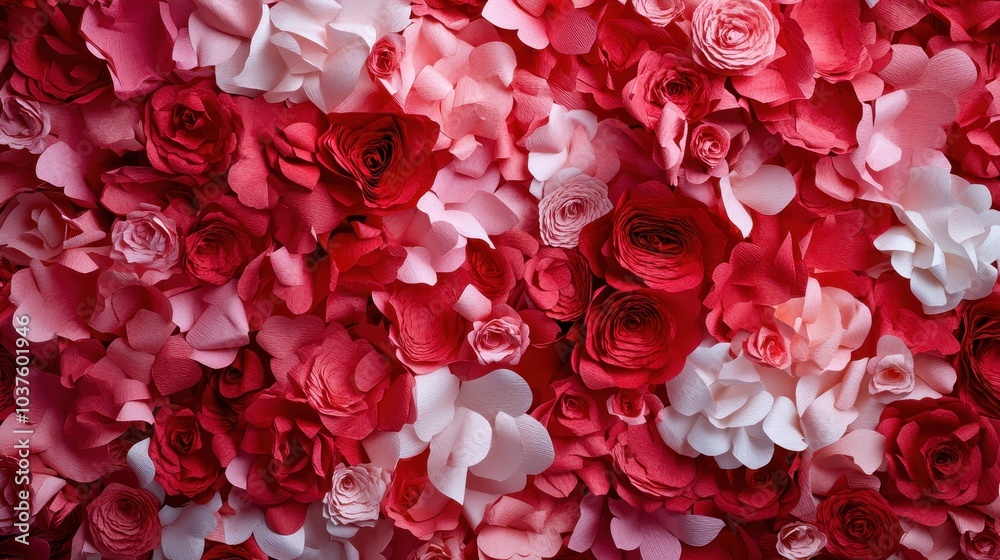 A densely packed wall of lush red and pink paper flowers creates a stunning visual where art meets nature, expressing love, passion, and artistic brilliance.
