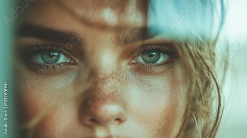 A captivating close-up of a person's freckled face, highlighting their mesmerizing green eyes, conveying depth, intensity, and a hint of mystery and introspection.