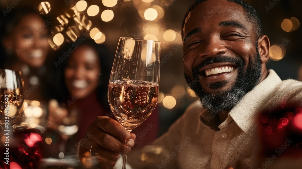 A smiling man raises a wine glass at a festive dinner table, surrounded by friends, expressing happiness, warmth, and friendship in a holiday setting. A smiling man raises a wine glass at a festive dinner table, surrounded by friends, expressing happiness, warmth, and friendship in a holiday setting.
