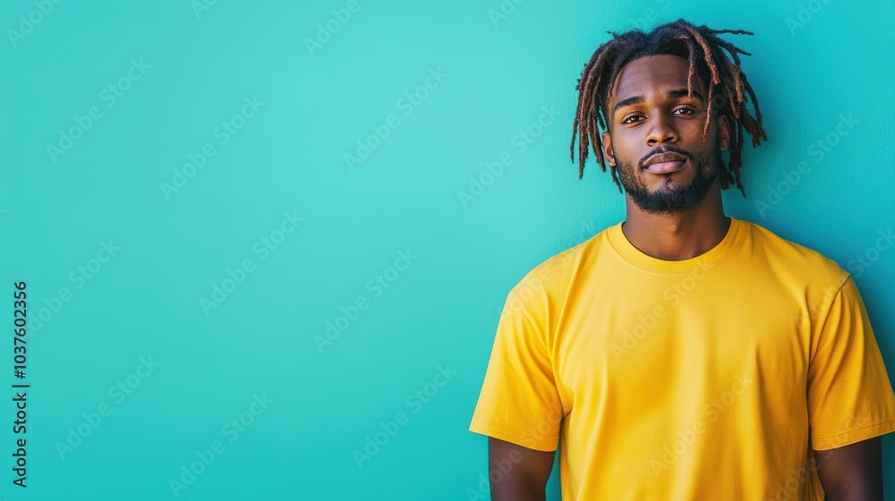 A young man with styled hair stands against a bright teal background, wearing a vivid yellow shirt and expression of calmness and confidence. A young man with styled hair stands against a bright teal background, wearing a vivid yellow shirt and expression of calmness and confidence.