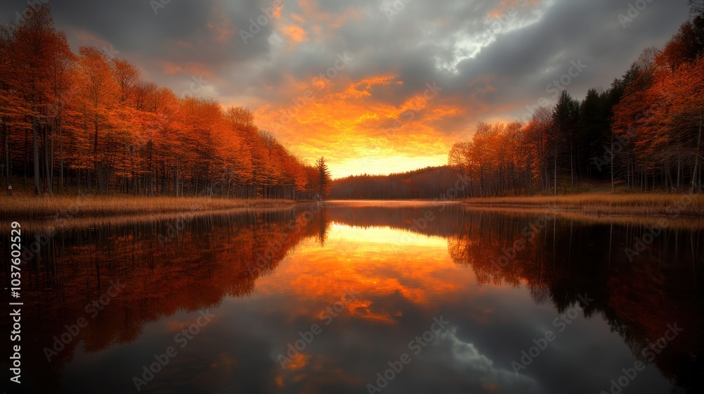 An awe-inspiring autumn sunset fills the sky with fiery colors, reflecting vividly on a tranquil lake surrounded by a dense forest, illustrating nature's grandeur. An awe-inspiring autumn sunset fills the sky with fiery colors, reflecting vividly on a tranquil lake surrounded by a dense forest, illustrating nature's grandeur.