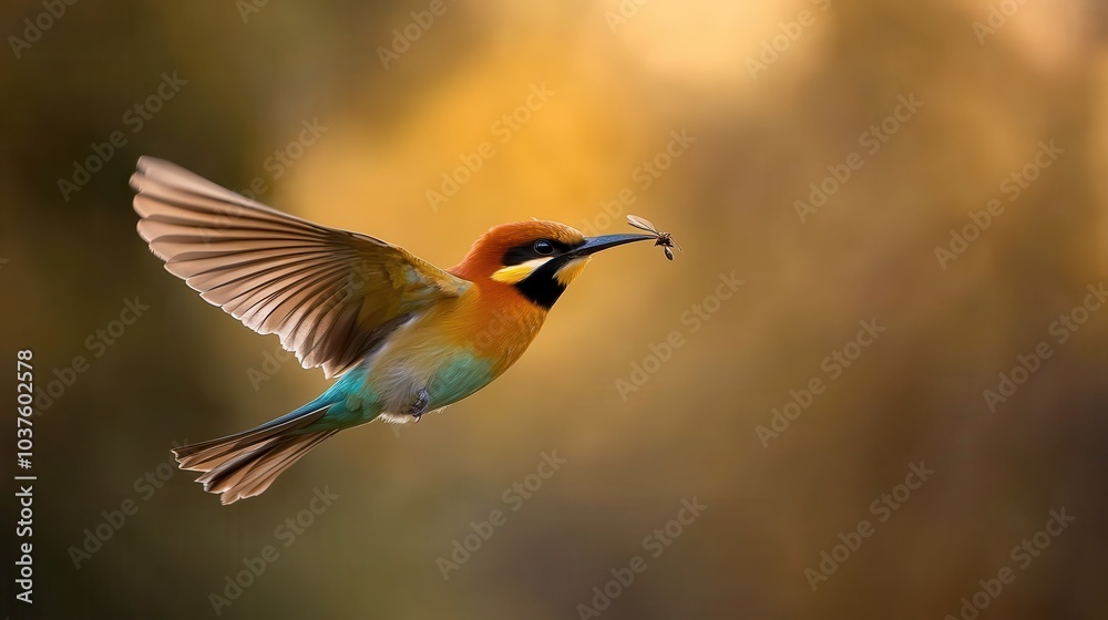Obraz premium A brilliantly colored bird captured mid-flight with an insect in its beak, surrounded by a vibrant blurred background, demonstrating incredible detail and motion.
