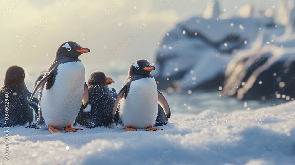 Obraz premium A group of penguins huddling together on an icy landscape.