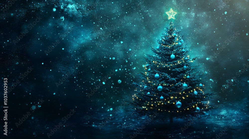 A Decorated Christmas Tree In A Snowy Night Forest A Decorated Christmas Tree In A Snowy Night Forest