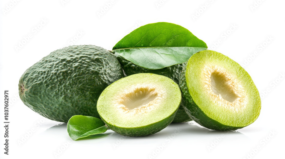 Feijoa fruits with green leaves and a slice of feijoa, beautifully arranged and isolated on a white background, showcasing their vibrant color and texture.
Feijoa fruits with green leaves and a slice of feijoa, beautifully arranged and isolated on a white background, showcasing their vibrant color and texture.