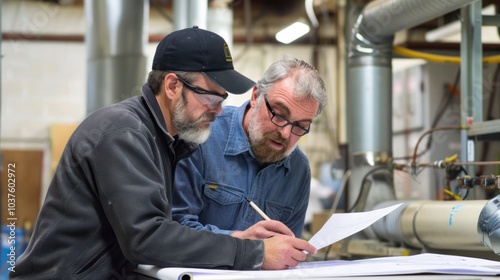 Two Men Reviewing Blueprint in Industrial Setting