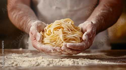 Artisan hands skillfully work with fresh pasta over a surface scattered with flour, portraying the rustic charm of traditional pasta-making methods. photo