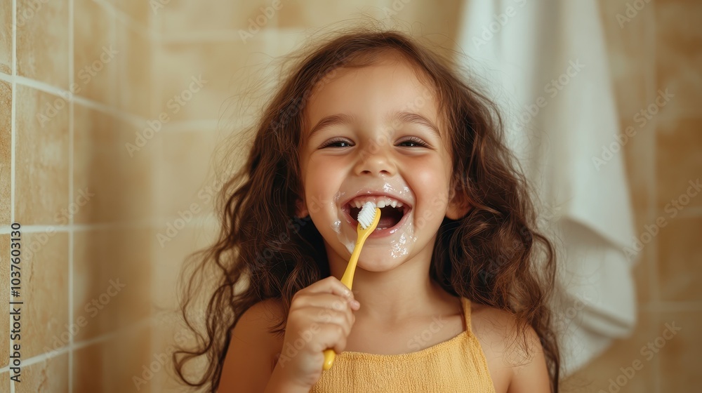 A young child joyfully brushes their teeth in a bathroom with tiled walls, showcasing a delightful and cute morning routine filled with smiles and happiness. A young child joyfully brushes their teeth in a bathroom with tiled walls, showcasing a delightful and cute morning routine filled with smiles and happiness.