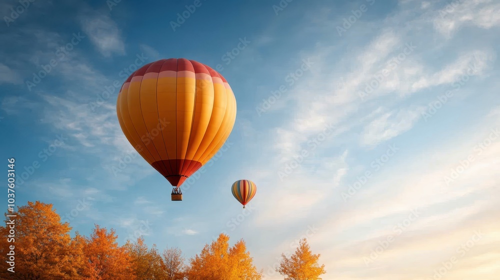 Fototapeta premium Colorful hot air balloons rise into the sky, surrounded by vibrant autumn leaves, creating a picturesque view that captures the beauty and wonder of the fall season.