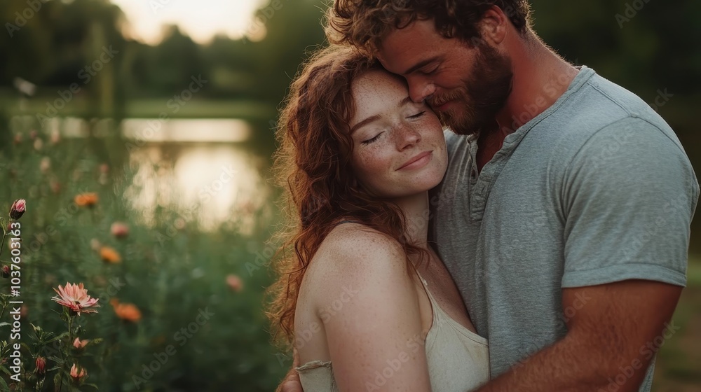 A couple shares a gentle embrace among blooming flowers in a summer garden, radiating genuine affection and joy, set against the backdrop of a peaceful sunset. A couple shares a gentle embrace among blooming flowers in a summer garden, radiating genuine affection and joy, set against the backdrop of a peaceful sunset.