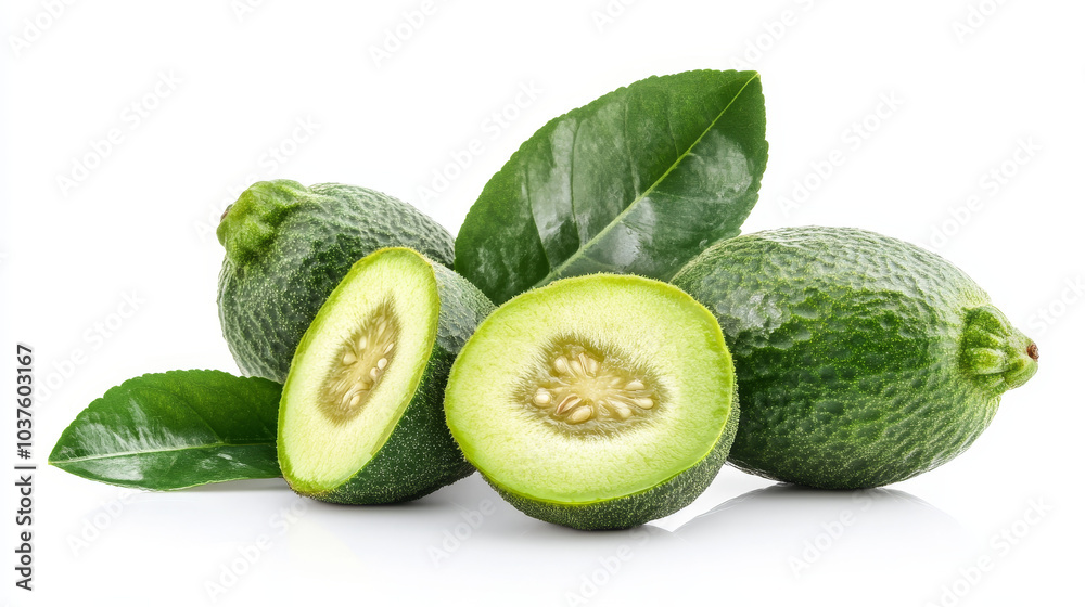 Feijoa fruits with green leaves and a slice of feijoa, beautifully arranged and isolated on a white background, showcasing their vibrant color and texture.
Feijoa fruits with green leaves and a slice of feijoa, beautifully arranged and isolated on a white background, showcasing their vibrant color and texture.