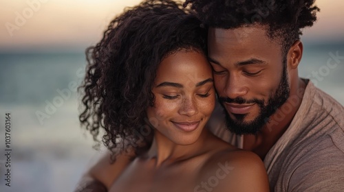 A serene moment captures a couple delighting in the peacefulness of a sunset by the sea, displaying mutual love and tranquility as the day softly fades away. photo