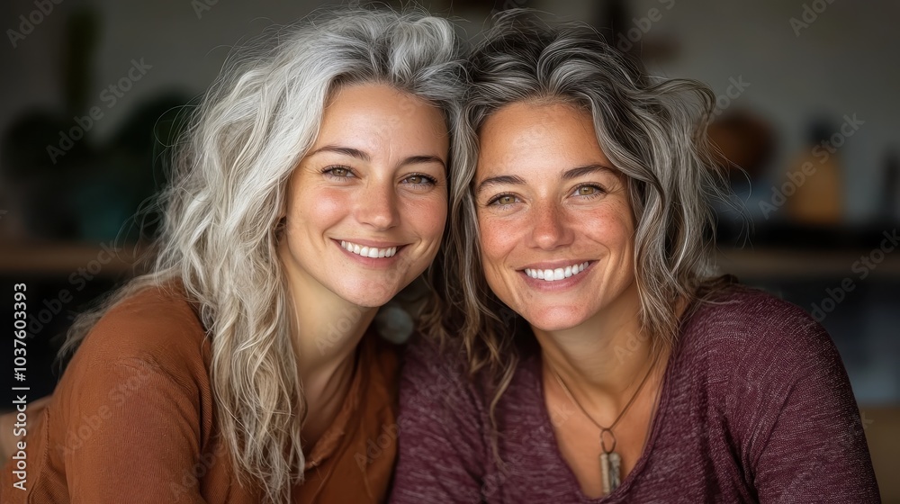 Two women with gray hair and warm smiles hugging each other closely in an intimate indoor setting, showcasing family bonds and cheerful companionship. Two women with gray hair and warm smiles hugging each other closely in an intimate indoor setting, showcasing family bonds and cheerful companionship.