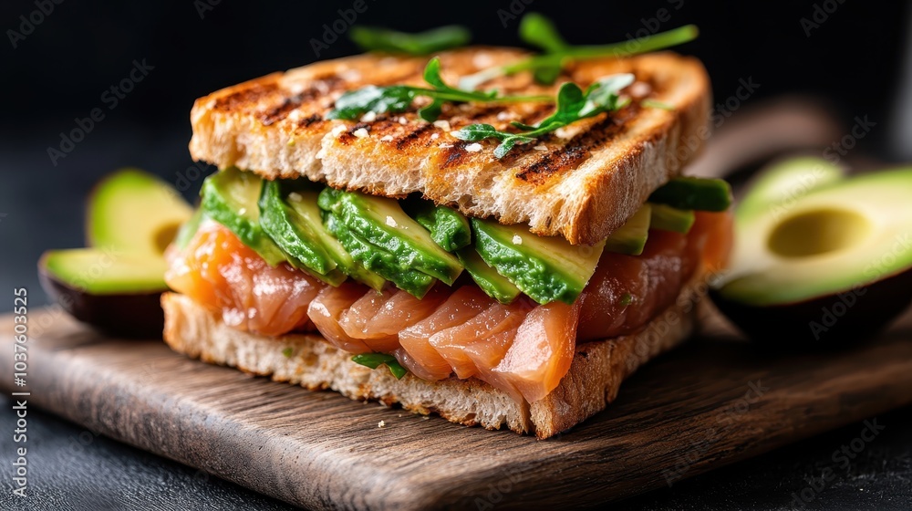 A delectable salmon sandwich with avocado and fresh greens, served on grilled bread, offering a beautifully styled and nutritious meal experience. A delectable salmon sandwich with avocado and fresh greens, served on grilled bread, offering a beautifully styled and nutritious meal experience.