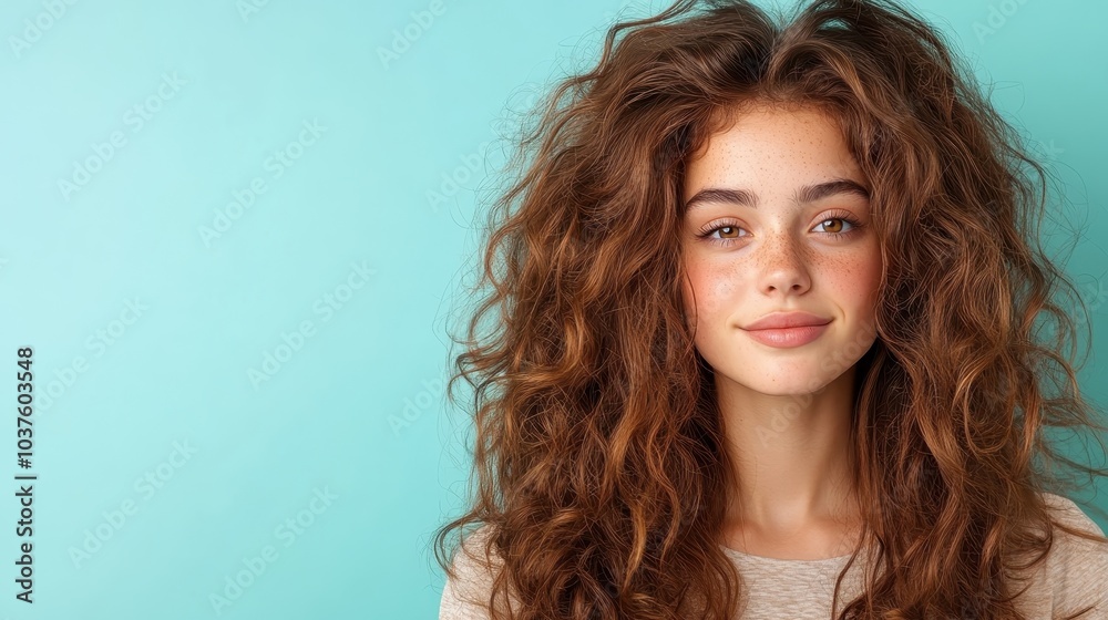 Naklejka premium A portrait of a woman with voluminous curly hair wearing casual attire, smiling gently at the camera, with a relaxed and inviting demeanor against turquoise.