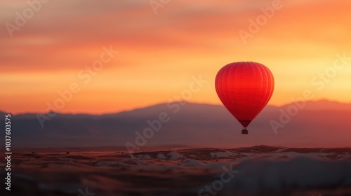 A brilliant red hot air balloon contrasts vividly against a softly painted orange sunset sky, representing adventure and tranquility through its graceful and gentle ascent. photo