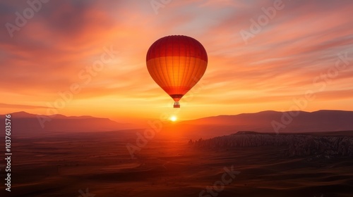 A single hot air balloon hangs majestically in the air, silhouetted against a glowing sunrise, offering a captivating view of the horizon filled with promise and adventure. photo