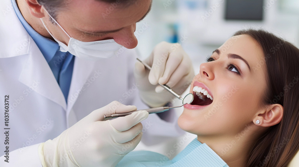 Dentist examining oral health of patient at clinic Dentist examining oral health of patient at clinic