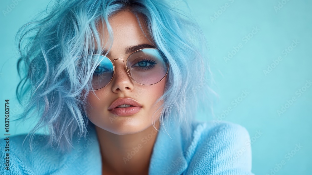 A confident woman with striking blue hair and trendy sunglasses, dressed in a blue blazer against a vivid blue background, embodying modern coolness. A confident woman with striking blue hair and trendy sunglasses, dressed in a blue blazer against a vivid blue background, embodying modern coolness.