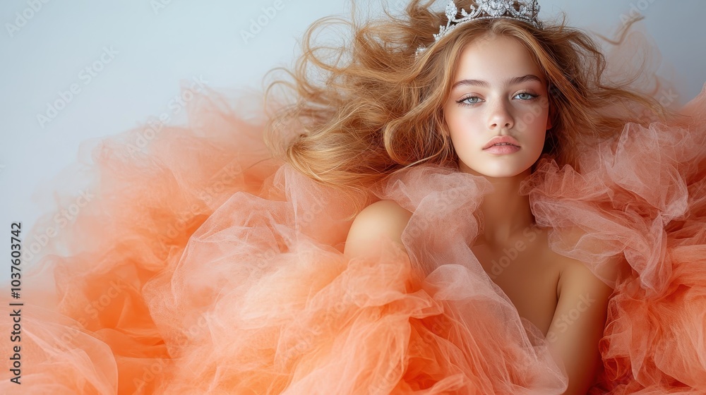 A portrait of a young woman in a voluminous orange gown with flowing hair and a delicate tiara, evoking a fairytale-like, ethereal atmosphere fit for a princess. A portrait of a young woman in a voluminous orange gown with flowing hair and a delicate tiara, evoking a fairytale-like, ethereal atmosphere fit for a princess.