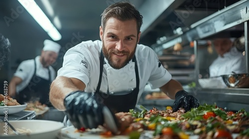 A skilled chef energetically creates a gourmet dish in a bustling kitchen, showcasing the art of culinary expertise and creativity amidst flavorful ingredients. photo