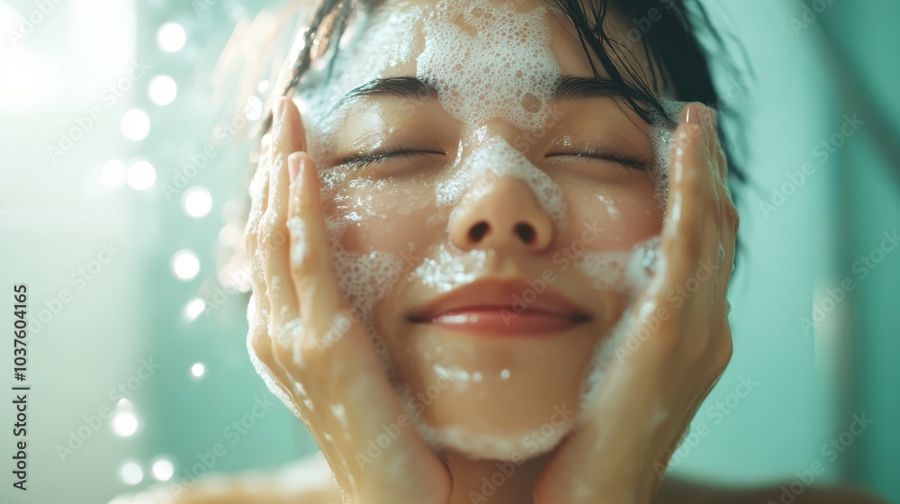 A young woman enjoys a refreshing face wash, her face covered in foamy bubbles, capturing a moment of personal care and relaxation in a serene setting.