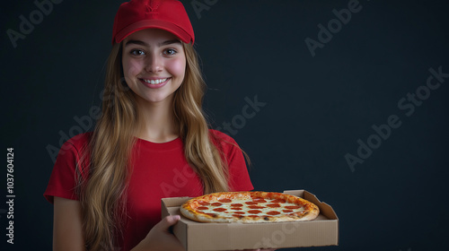 woman in a red uniform holds a pizza in a cardboard box. She's smiling