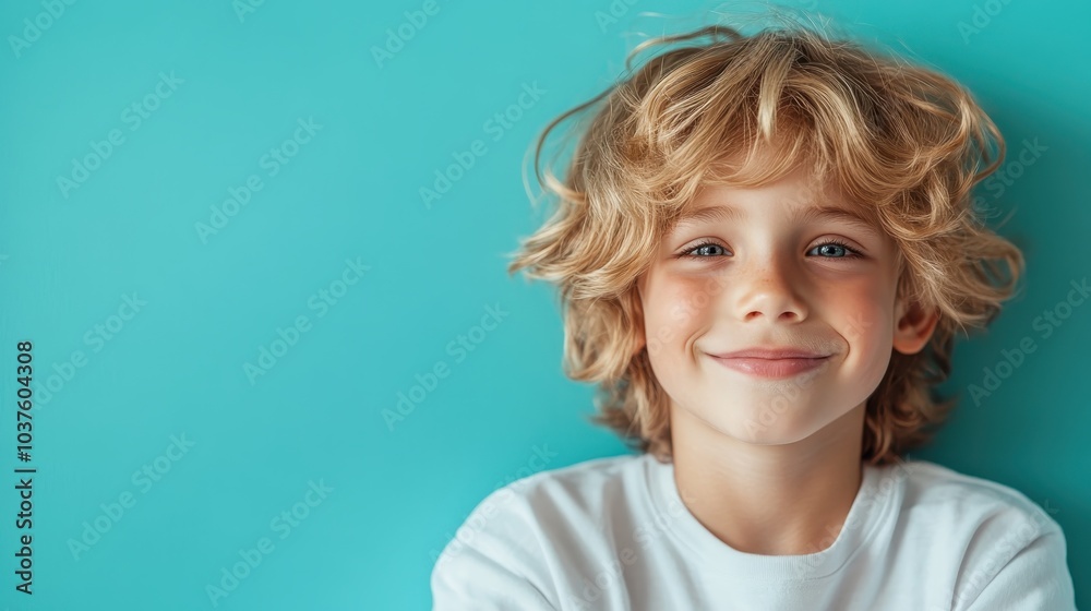 A blonde child with a warm smile stands confidently in front of a blue wall, capturing a moment of happiness and the playful nature of childhood. A blonde child with a warm smile stands confidently in front of a blue wall, capturing a moment of happiness and the playful nature of childhood.