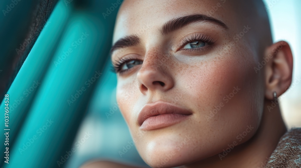 A close-up of a freckled bald woman presents her serene gaze. The powerful image focuses on beauty, vulnerability, and natural authenticity. A close-up of a freckled bald woman presents her serene gaze. The powerful image focuses on beauty, vulnerability, and natural authenticity.