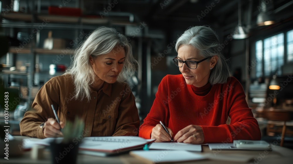Two elderly women are energetically collaborating at a workshop table, symbolizing creativity, lifelong learning, and the joyful exchange of skills and ideas. Two elderly women are energetically collaborating at a workshop table, symbolizing creativity, lifelong learning, and the joyful exchange of skills and ideas.