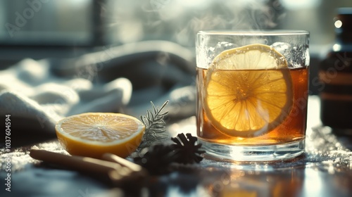 A steaming beverage garnished with a lemon slice captures the comforting essence of warmth and relaxation, enhanced by ambient lighting and a cozy atmosphere.