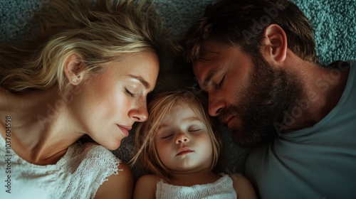 A serene portrait of a family with blonde woman, bearded man, and blonde child peacefully sleeping, harmoniously captured on a soft, textured surface.