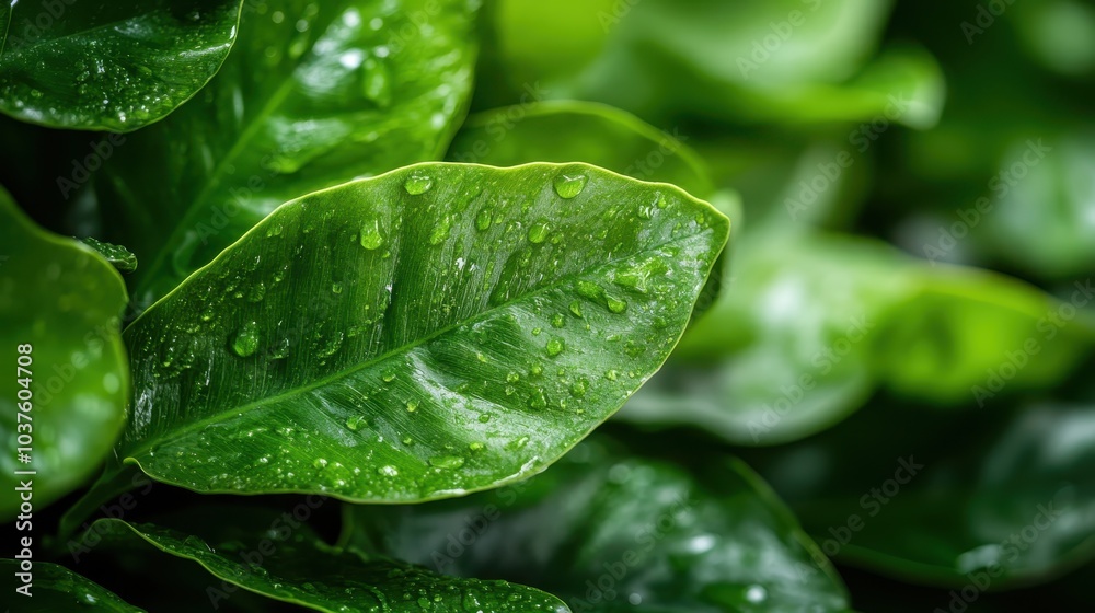 This image captures a detailed view of a single green leaf adorned with dew drops, highlighted by natural sunlight, reflecting lush greenery and fresh vitality. This image captures a detailed view of a single green leaf adorned with dew drops, highlighted by natural sunlight, reflecting lush greenery and fresh vitality.