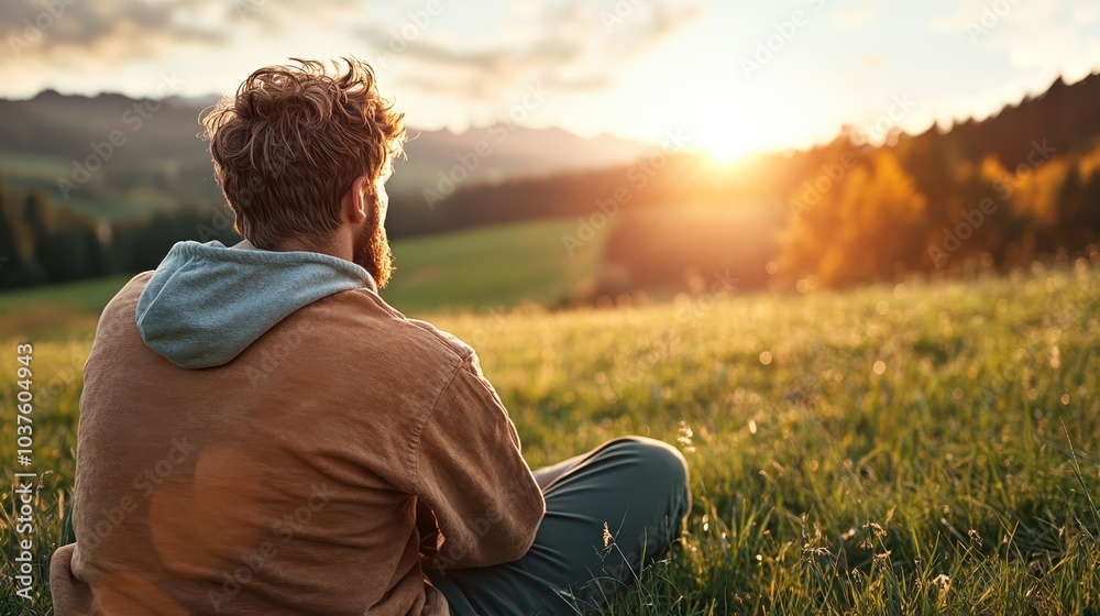 Fototapeta premium A young man sits comfortably on a green field under a setting sun, lost in thought amidst nature's beauty and the quietude of the early evening hour.