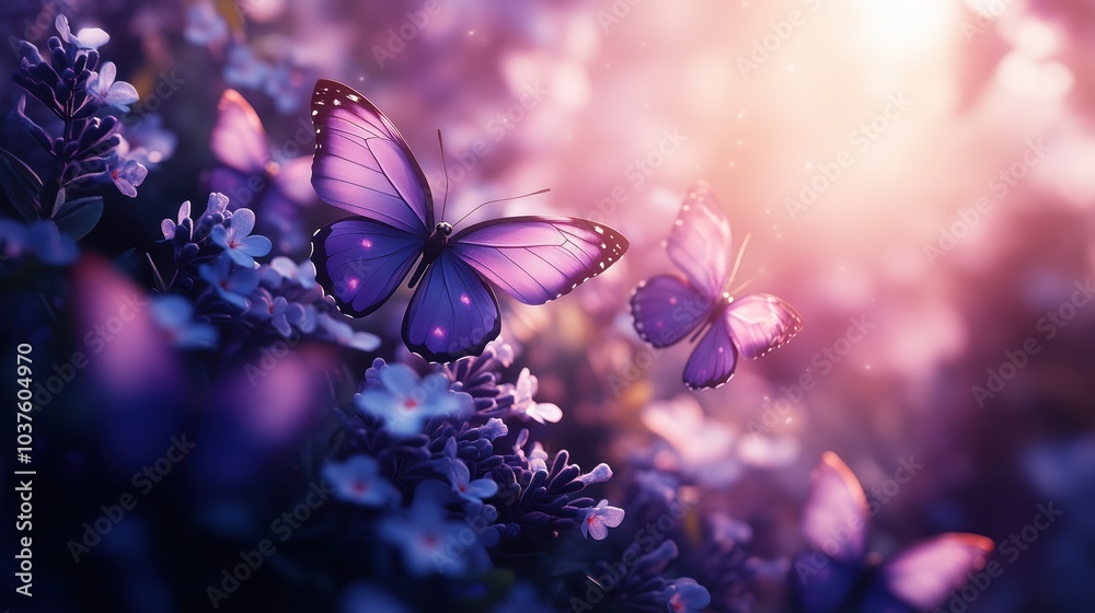 A magical bouquet of deep purple and lavender butterflies dancing among soft greenery in an enchanting garden setting A magical bouquet of deep purple and lavender butterflies dancing among soft greenery in an enchanting garden setting